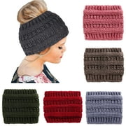 LINASHI Beanie Hats for Women Winter Warm Ponytail Hole Hair Cap Elastic Woolen Knitted Stretch Beanie Hat